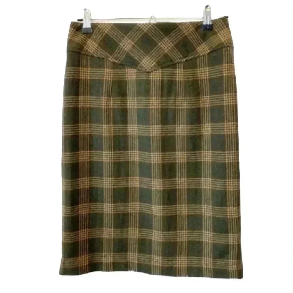 Banana Republic Wool Pencil Skirt Tartan Plaid Brown Tan Size 0 - Picture 3 of 16